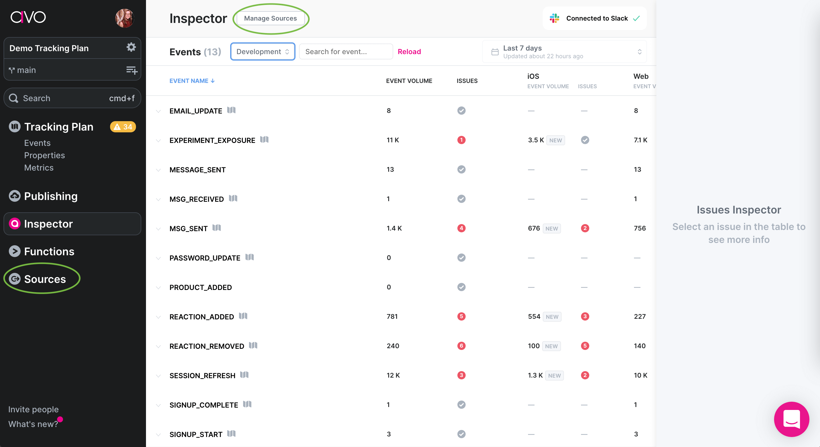 Navigation to Inspector sources screen in Avo